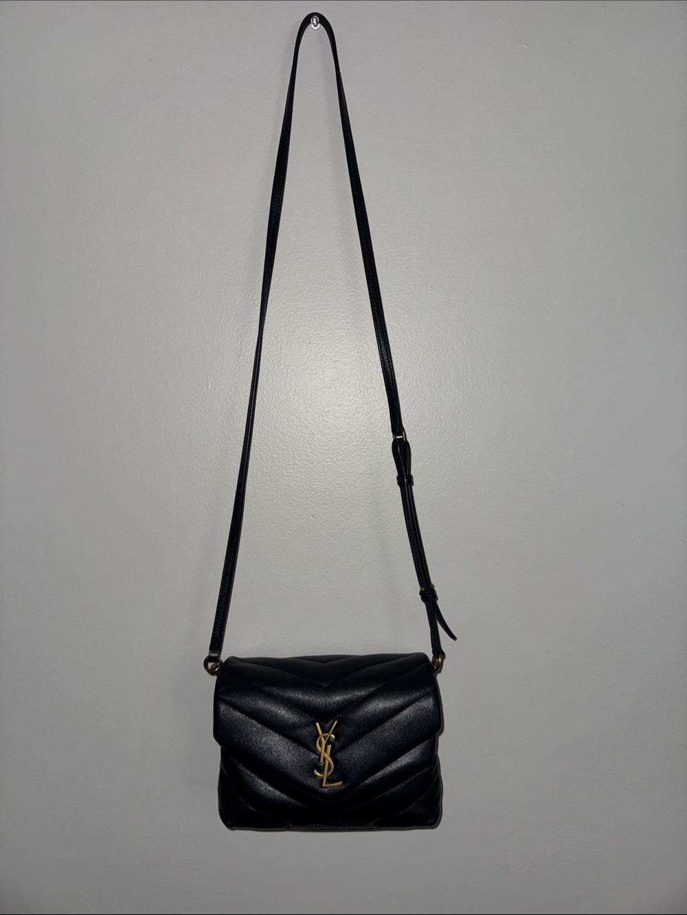 Black Quilted Leather Crossbody Bag with Gold Logo